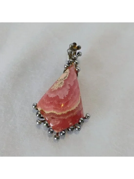 Artisan Handmade Pink Rhodochrosite Sterling Silver Pendant Modernist Brutalist - Picture 2 of 5